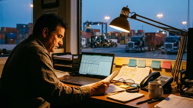 A cluttered dispatcher desk with a spreadsheet on a laptop