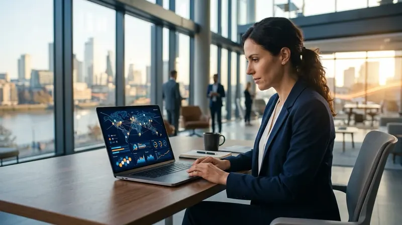 A logistics customer on a laptop viewing an abstract shipment tracking screen