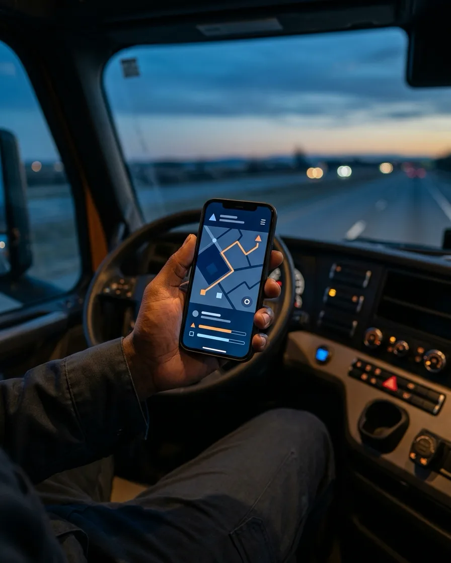 A truck driver's hand holding a smartphone in a cab, showing a dispatch app