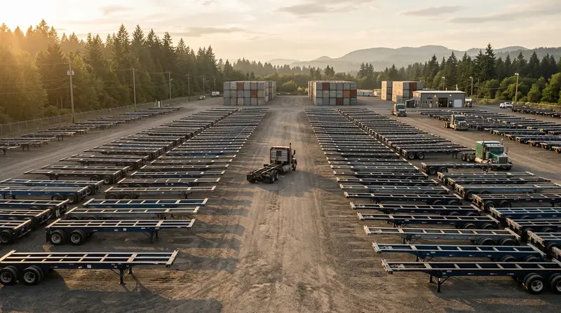 Rows of empty container chassis parked in a gravel yard at golden hour