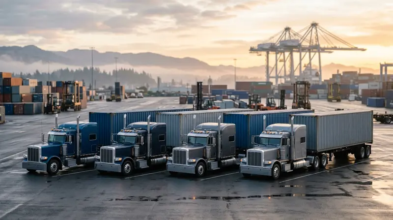 A row of long-nose container trucks parked side by side in a container yard at sunrise