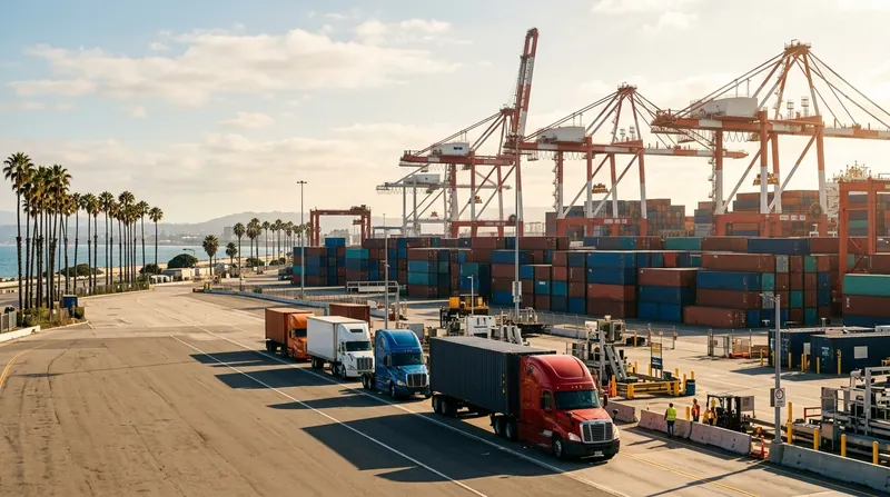 A generated scene of a sunny Southern California container port