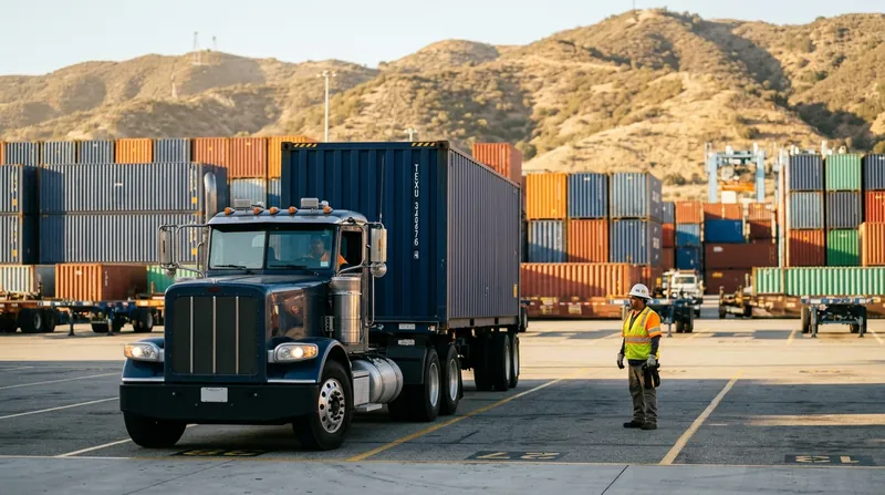 A generated scene of a sunlit container yard with chassis and a truck picking up a box
