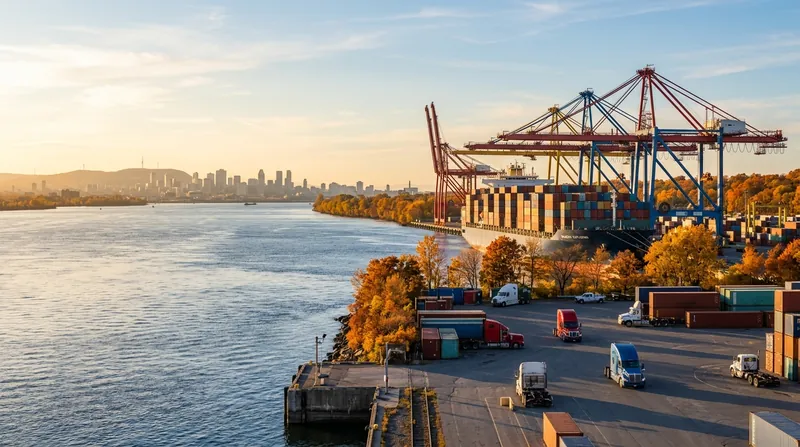 A generated scene of a river container terminal in autumn