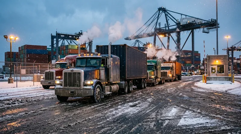 A generated scene of container trucks at a terminal gate in falling snow