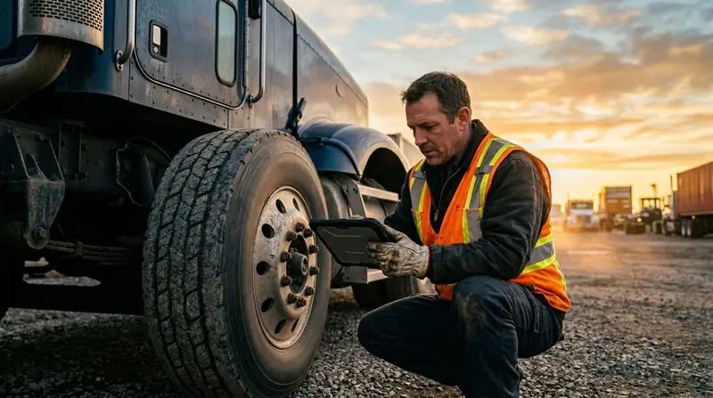 A mechanic in a hi-vis vest crouched beside a truck wheel with a tablet, checking tires in early morning light