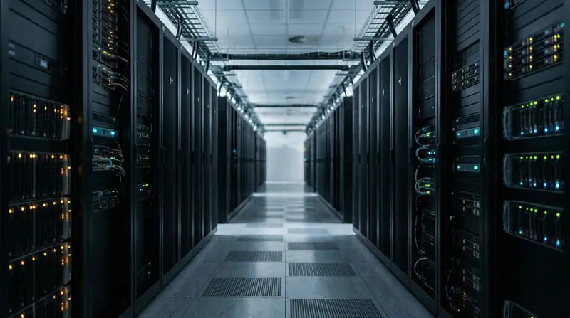 A quiet corridor of server racks with amber and blue indicator lights