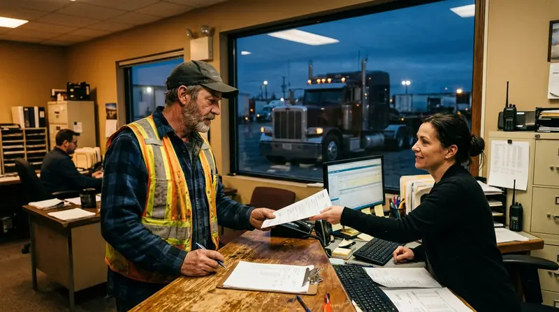A driver in a hi-vis vest at a depot office counter receiving a printed statement, a truck visible through the window