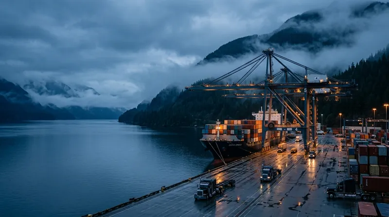 A generated scene of a container terminal in mist beside a fjord