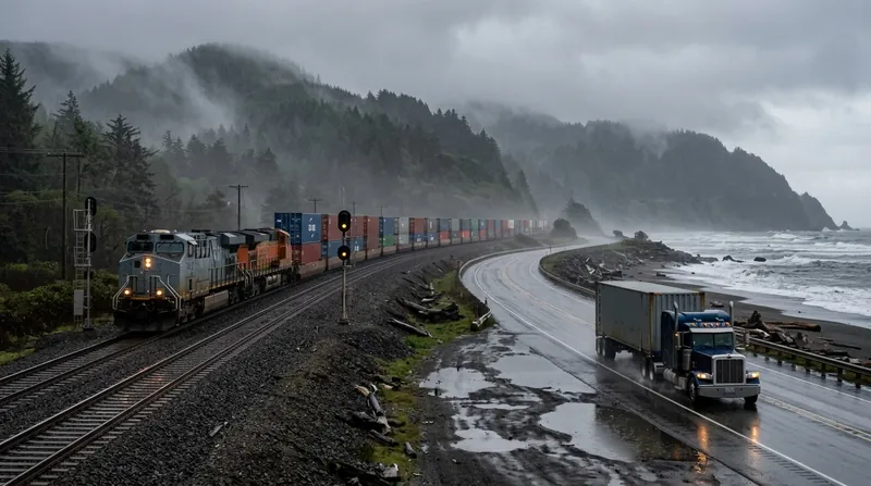 A generated scene of a container train on a coastal rail line with forested hills