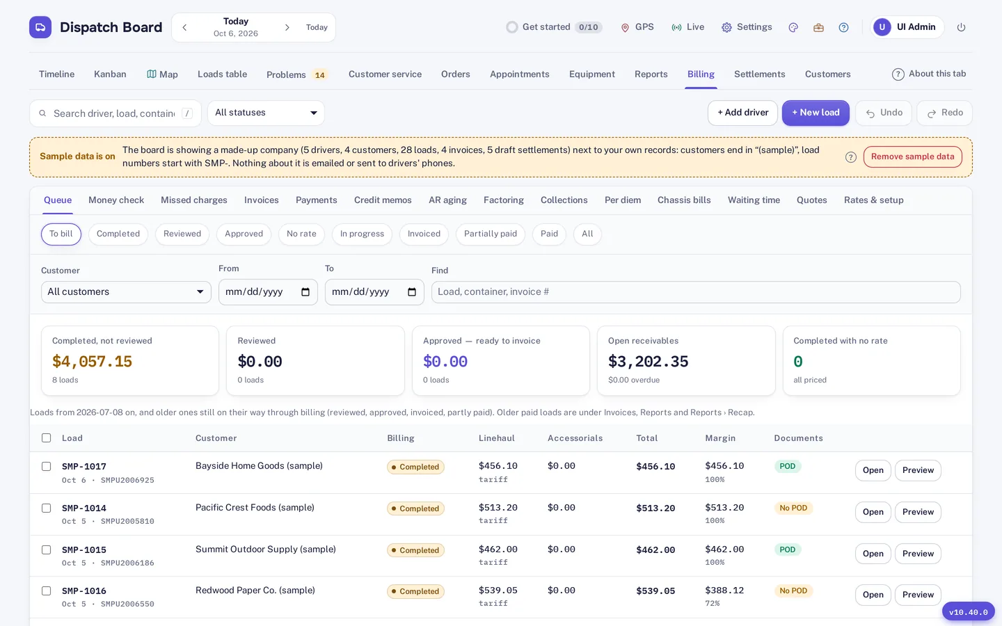 The billing queue with completed loads, linehaul, margin and proof-of-delivery status, and tabs for per diem and chassis bills