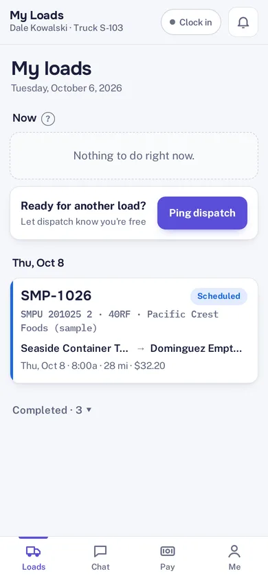 The driver app showing My Loads: clock in, a Ping dispatch button, a scheduled move and a bottom bar with Loads, Chat, Pay and Me