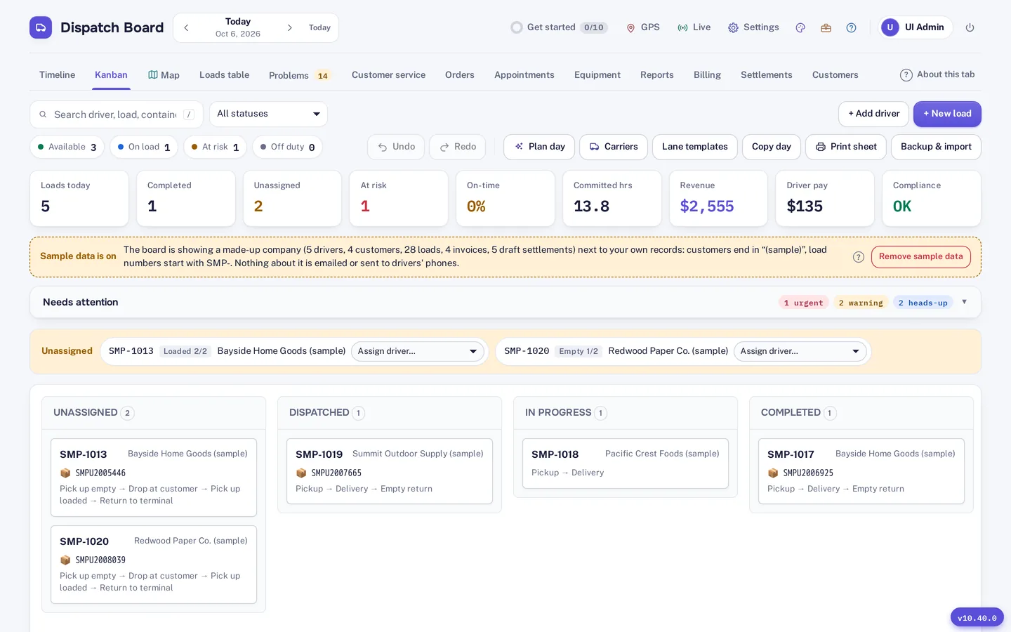 The Kanban view with loads in Unassigned, Dispatched, In progress and Completed columns