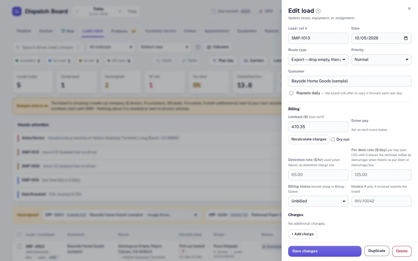 The edit-load panel with route type, linehaul, detention and per diem rates, billing status and charges
