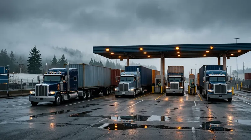 A generated scene of container trucks queued at a terminal gate under a grey sky