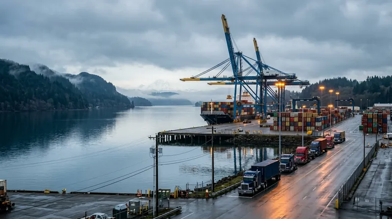 A generated scene of a Puget Sound style container terminal on an overcast morning
