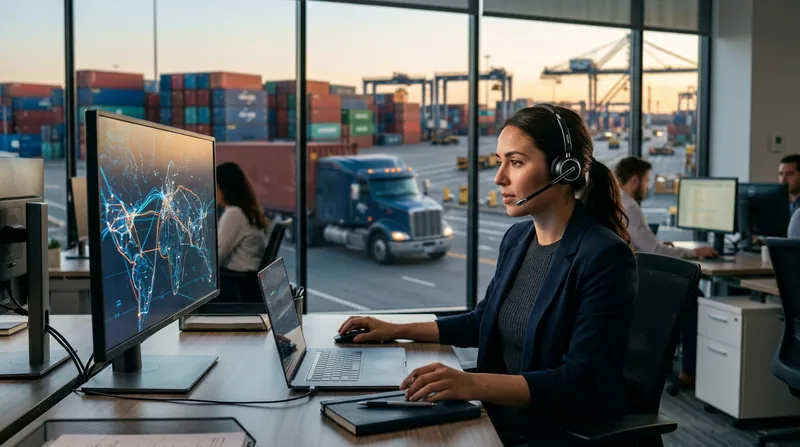 A brokerage coordinator at a desk with a headset