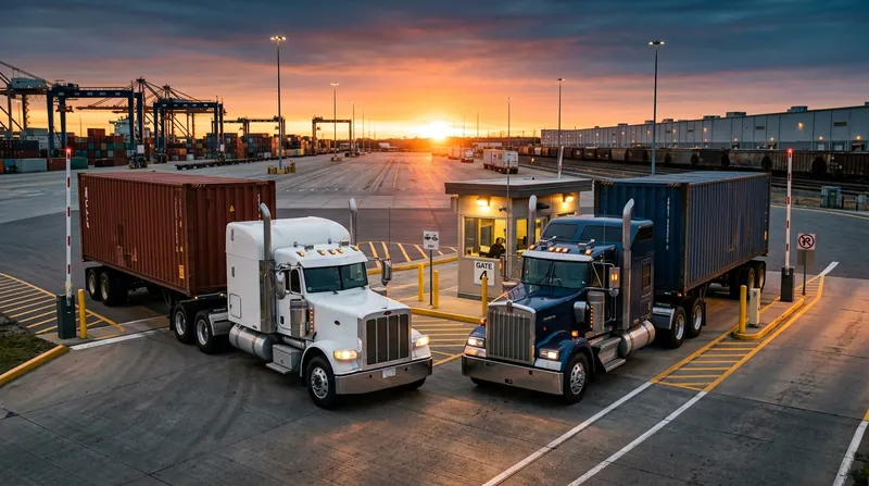 Two unbadged container trucks of different colours waiting side by side at a depot gate