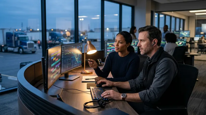 Two dispatchers at a shared desk with several monitors showing abstract boards and maps