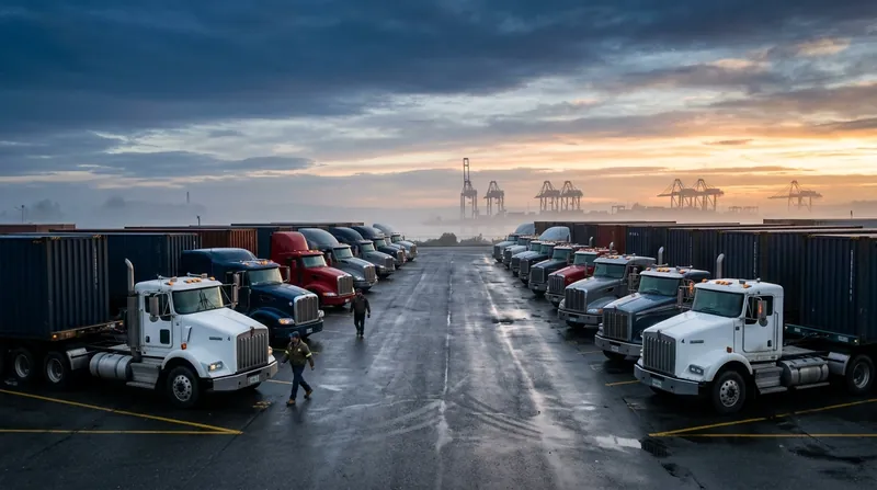 A mid-sized yard with container trucks in rows