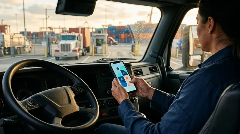 A driver in a cab looking at a phone