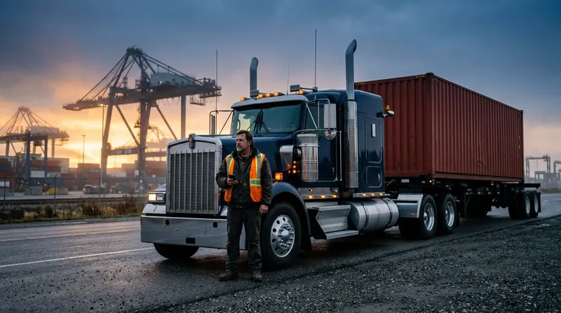 An owner-operator beside his container truck at dawn holding a smartphone