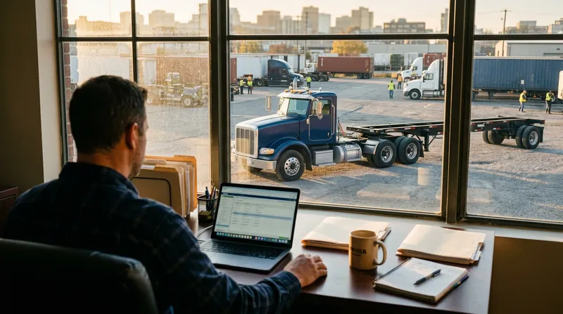 An owner at a small office desk
