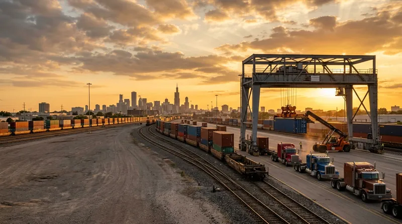 A generated scene of an inland intermodal rail terminal at golden hour