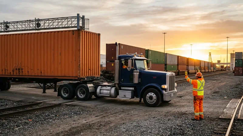 A generated scene of a container truck backing under a box beside a rail ramp