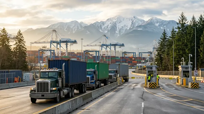 Container trucks lined up at a terminal entry gate, with cranes and snow-capped mountains behind